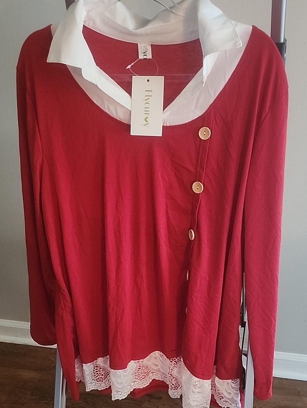 Red Tunic Top with White Mock Collar and Lace Hem